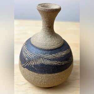 VTG Stoneware Textured Bud Vase Unglazed Handmade Signed Etched Mid Century